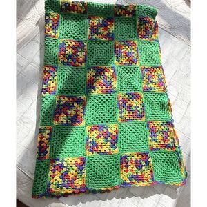 VTG Handmade Green Granny Square Crochet Afghan Multi-Color Boho Blanket 43"x64"